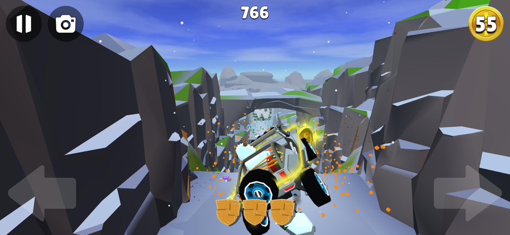 Faily Brakes Roadtrip - A white vehicle performing a stunt jump through a rocky canyon in Faily Brakes Roadtrip