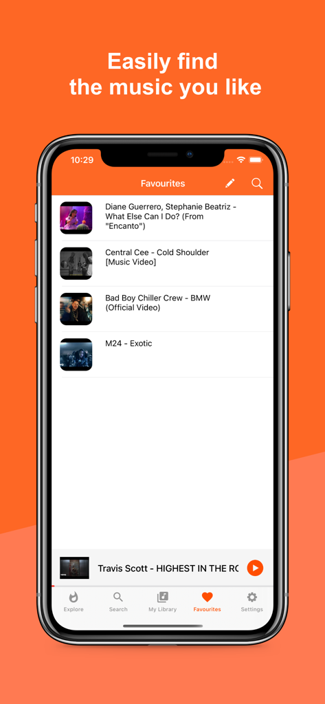 Écran des favoris de l'application Musicamp affichant une liste de pistes musicales enregistrées sur un iPhone