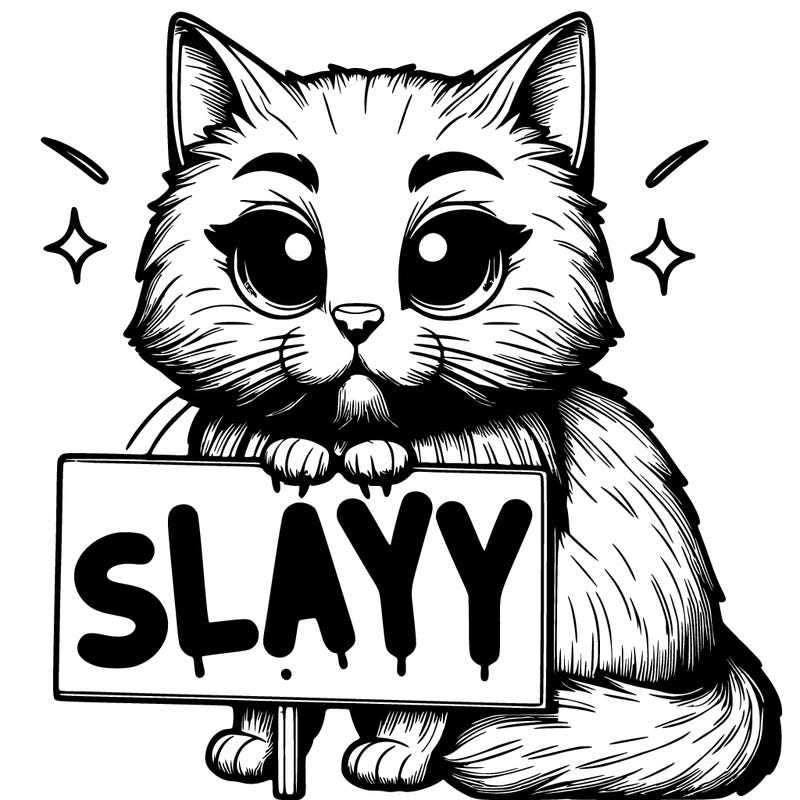 realistic cat with sign that says slayyyyy