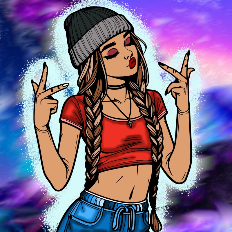 realistic teenage girl with braids and a beanie and crop top doing 🫶🏼