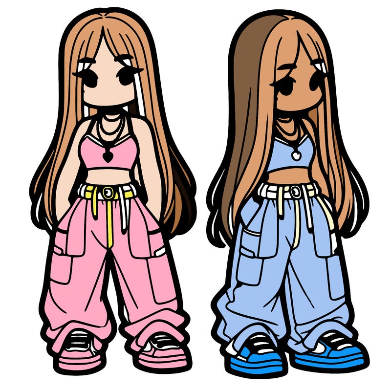 girl in baggy pants crop top and long hair