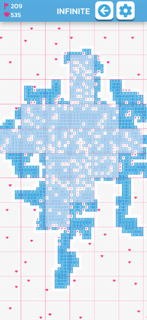 Infinite Minesweeper GRYKUBY - Unendliches Minesweeper-Spielfeld mit blauen Kacheln, roten Flaggen und Edelsteinen auf einem Gitter