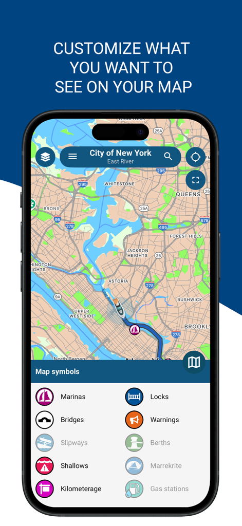 NavShip app interface showing customizable map symbols on a New York City waterway map