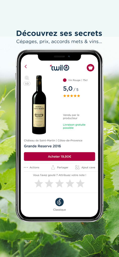 Um smartphone mostrando a interface do aplicativo TWIL com uma página de produto para uma garrafa de vinho francês, incluindo preços e avaliações