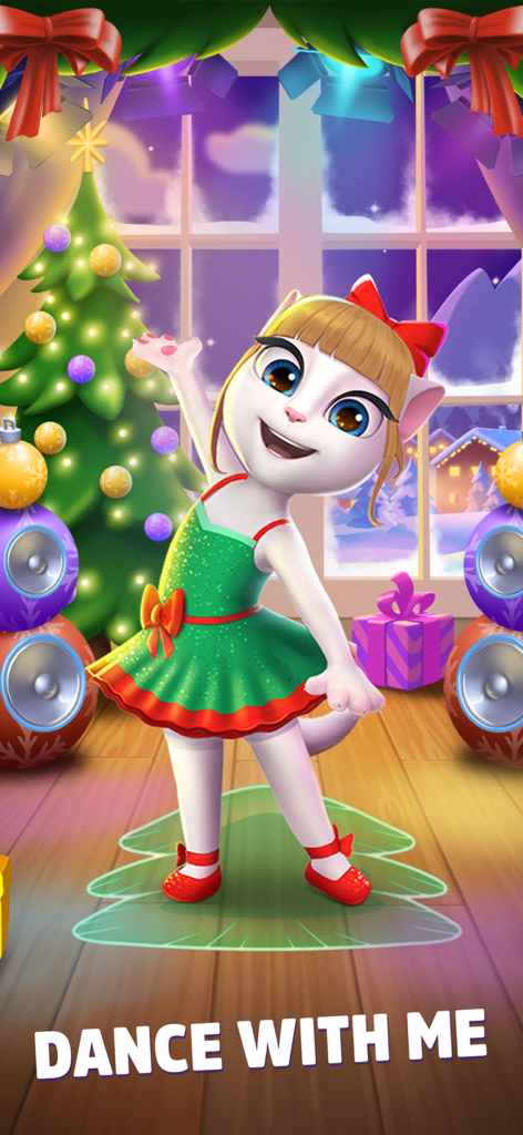 Talking Angela in a Christmas outfit dancing next to a decorated holiday tree