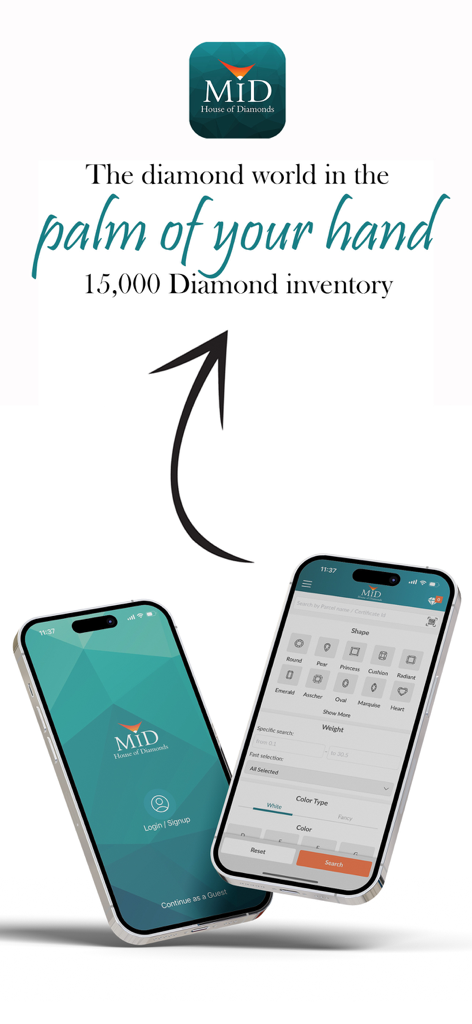 MID House of Diamonds app interface showing diamond search and inventory features on two smartphones