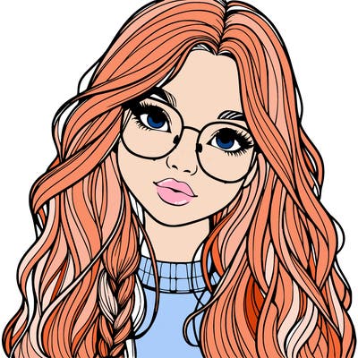 girl with long hair and freckles and glasses realistic