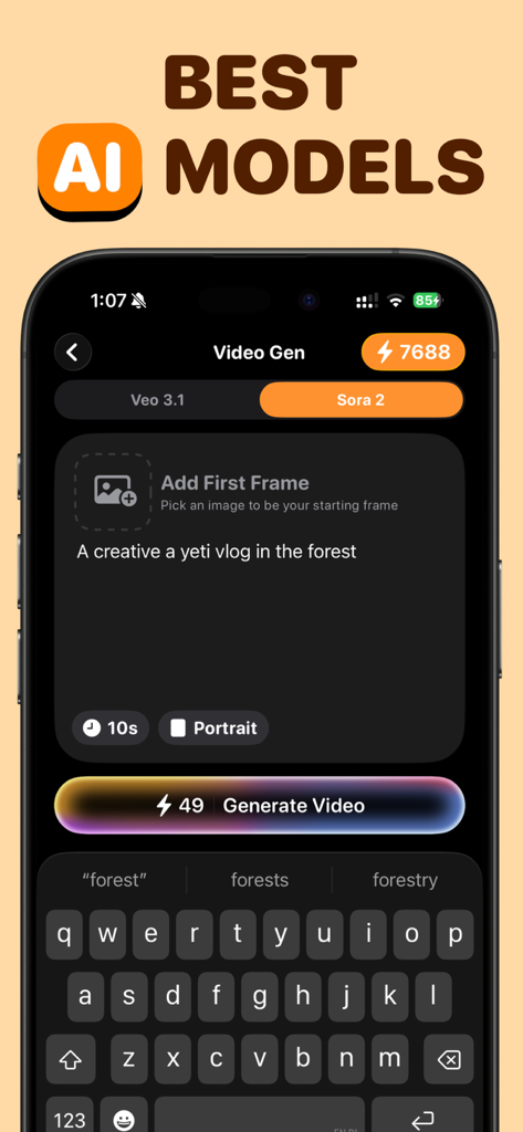 Virario: AI Video Generator - Captura de tela da interface do aplicativo Virario mostrando a configuração de geração de texto para vídeo com um prompt para um vlog de yeti.