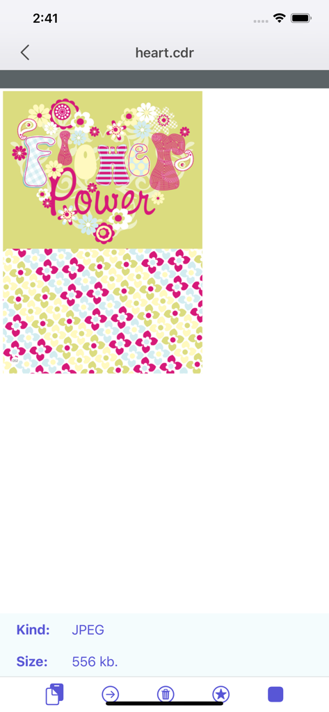 Benutzeroberfläche der VectorView App, die eine farbenfrohe florale Grafik zeigt, die aus einer CorelDRAW-Datei geöffnet wurde