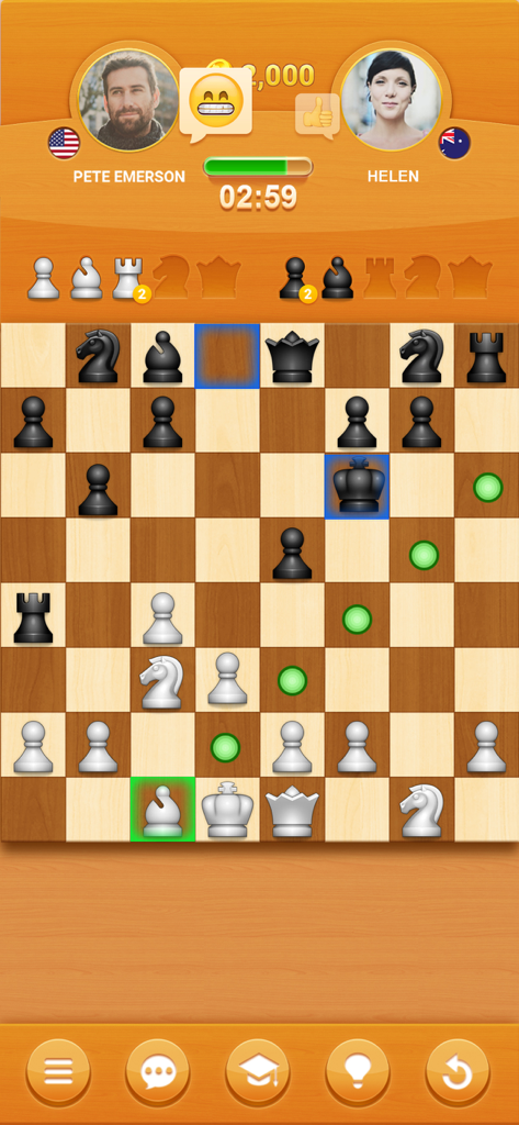 Chess Online: Learn & Win - Online 1-gegen-1 Schachpartie-Gameplay, das ein 3D-Brett und Spieler-Avatare zeigt.