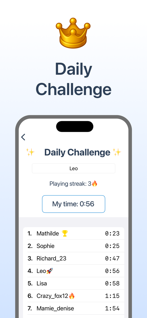 Queens Battle - Daily challenge screen in Queens Battle app featuring a leaderboard and player ranking