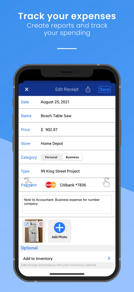 Categorizr: Receipt Scanner - A screenshot of the Categorizr app showing a digital receipt for a Bosch Table Saw with price, store, and category details