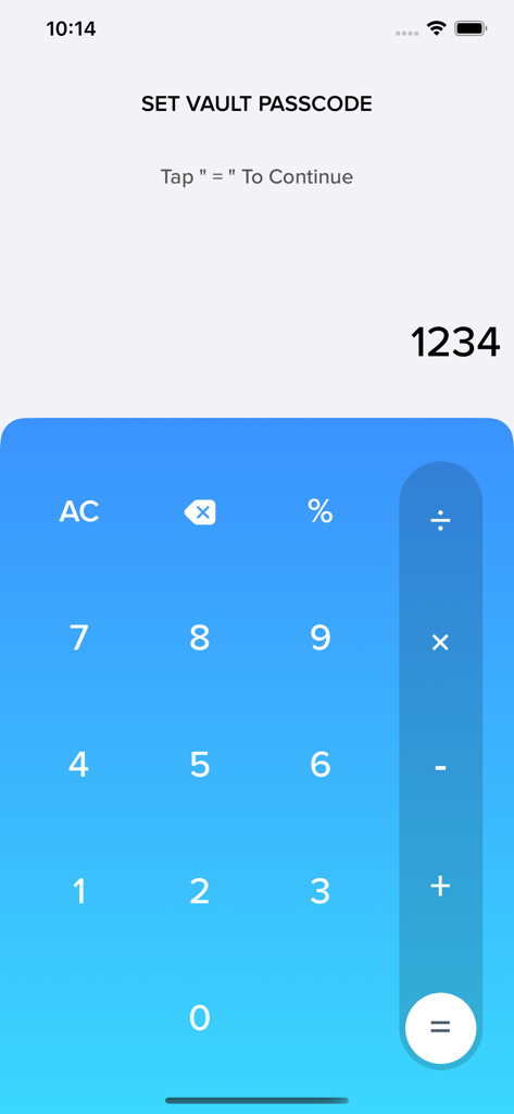 Interface para definir uma senha de cofre usando um design de calculadora funcional para privacidade e discrição.