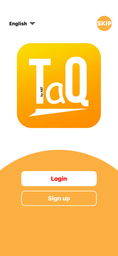 Welcome screen of the TaQ User app showing the login and sign up buttons with the app logo