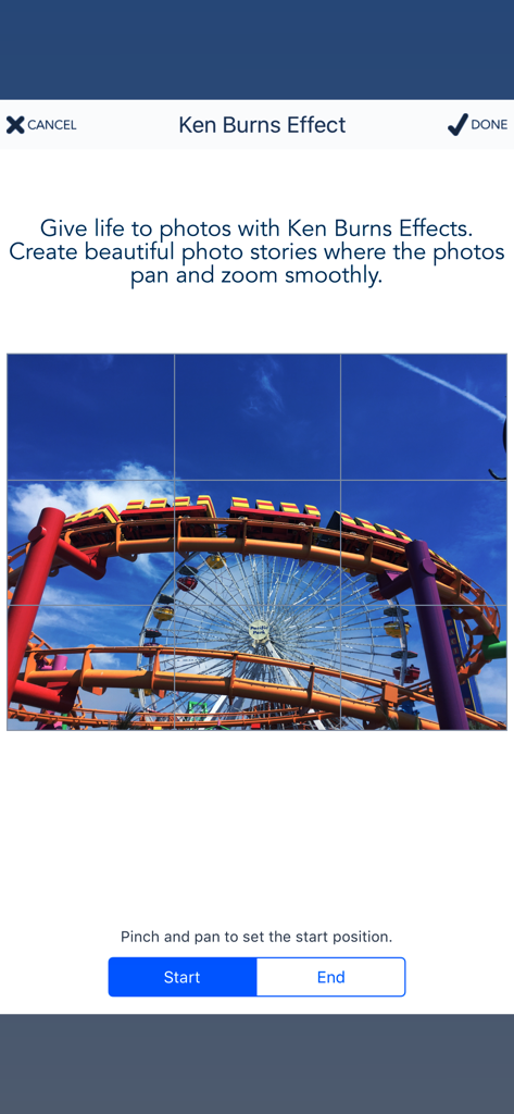 Applicazione degli effetti Ken Burns di panoramica e zoom a una foto di un parco divertimenti nell'app Videocraft