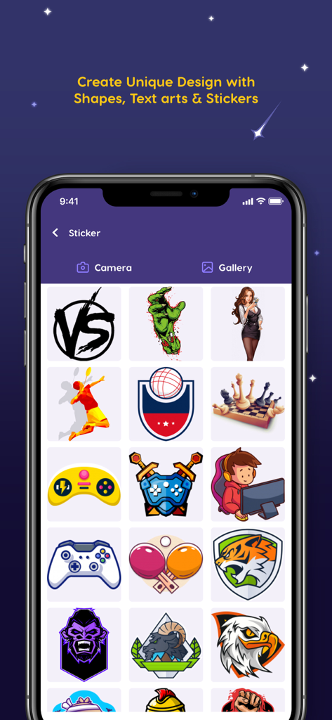 Logo Esport Maker - Logo Maker - Mobile app interface displaying a grid of gaming stickers including mascots and controllers for logo design.