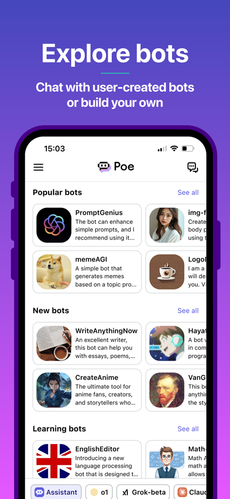 Interface do aplicativo Poe exibindo um diretório de chatbots de IA populares e novos para produtividade e criatividade