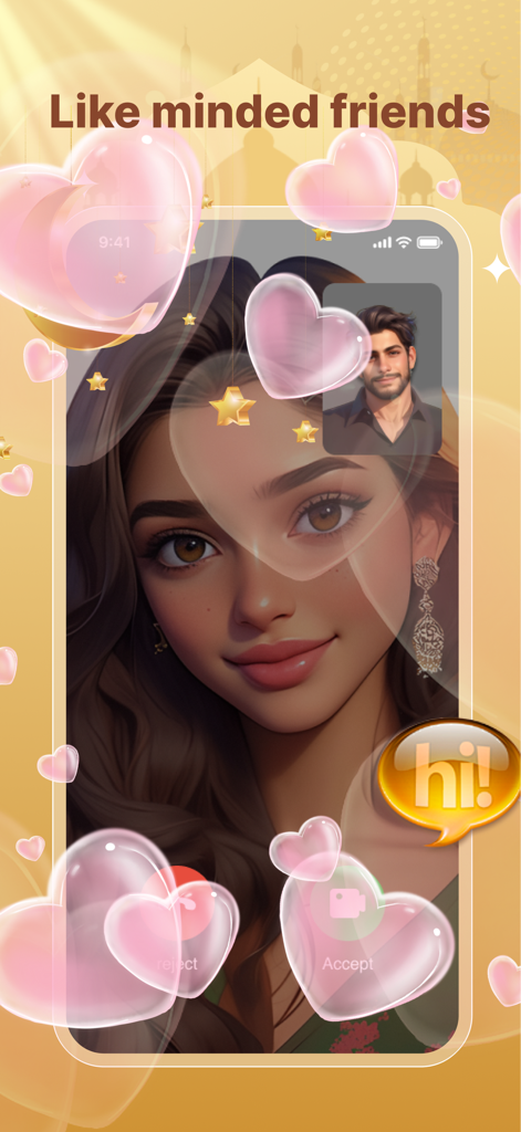 Hayuki - Travel,Chat,Share - Hayuki app video call screen with like minded friends and heart decorations