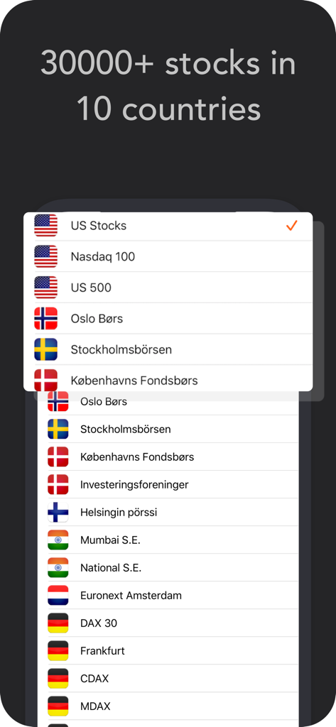 Investtech Stocks Analysis App - Tela do aplicativo Investtech mostrando uma lista de mercados e índices de ações internacionais, incluindo bolsas dos EUA e da Europa