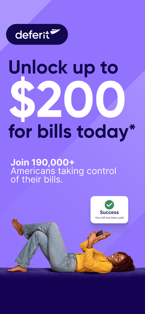 Promotional screen for Deferit app showing a woman successfully paying her bills