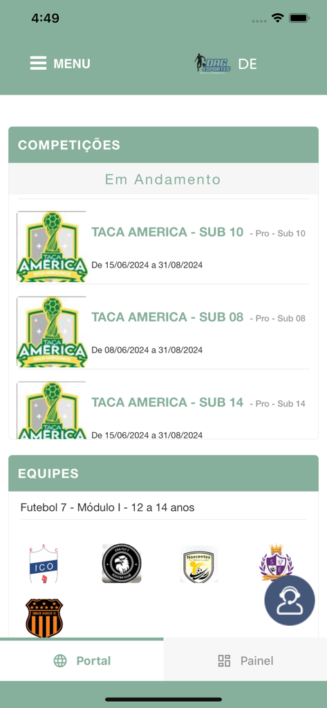 DAG Esportes - DAG Esportes mobile app screen showing active sports competitions and team logos