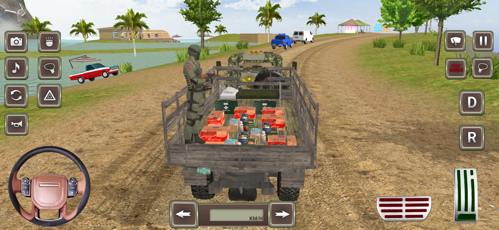 Army Truck Driving Cargo Games - Vista de jugabilidad de un camión militar transportando carga con controles de conducción en pantalla.