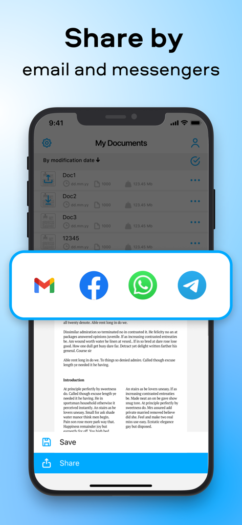Application mobile PDFChef montrant les options de partage de documents numérisés via e-mail et applications de messagerie