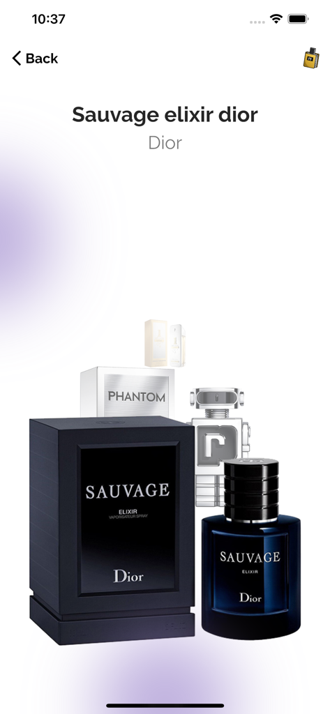 Bildschirm der Perfumes Book App mit dem Duft Dior Sauvage Elixir