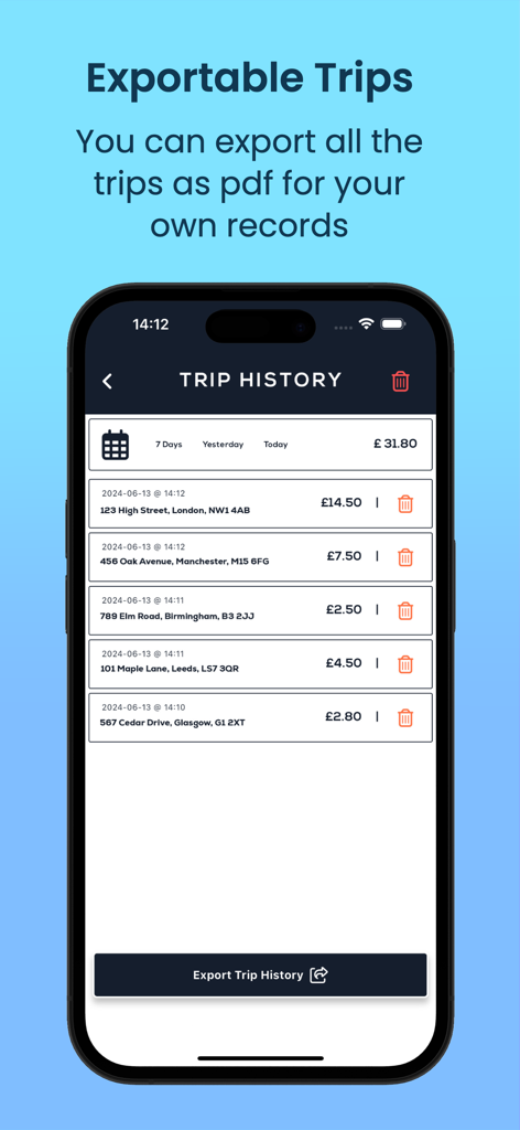 Una schermata dell'app mobile che mostra un elenco della cronologia dei viaggi in taxi con opzioni per esportare i record come PDF
