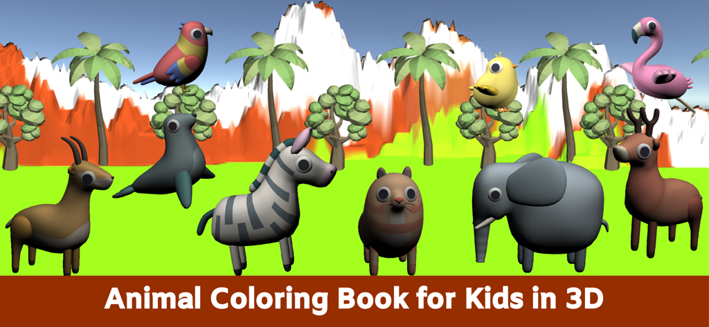 A group of colorful 3D animals including an elephant zebra and parrot in a virtual landscape from a kids coloring app