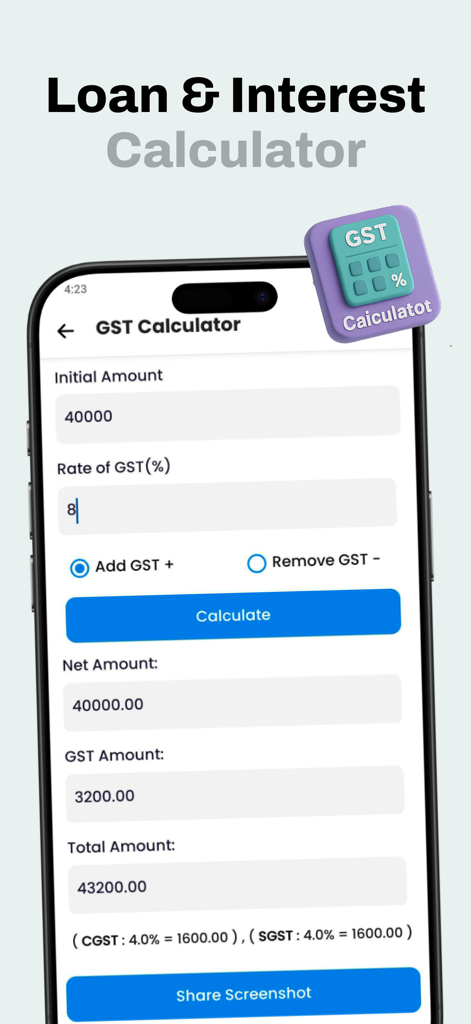 Pantalla de la calculadora GST en un teléfono móvil mostrando resultados de cálculo de impuestos