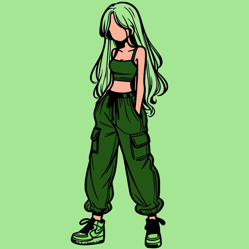 girl in baggy pants crop top and long hair