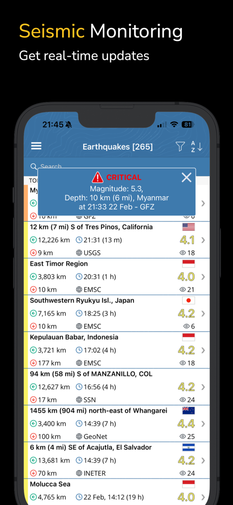 A list of recent global earthquakes with a critical magnitude 5.3 alert on the Earthquake plus mobile app.
