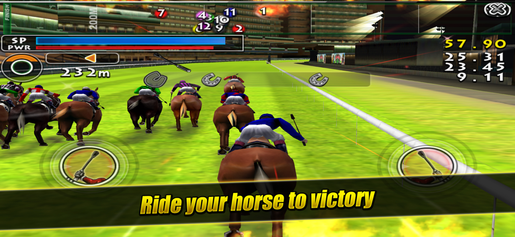 A 3D horse racing game screenshot from a jockey perspective during a race with multiple horses on a green track.