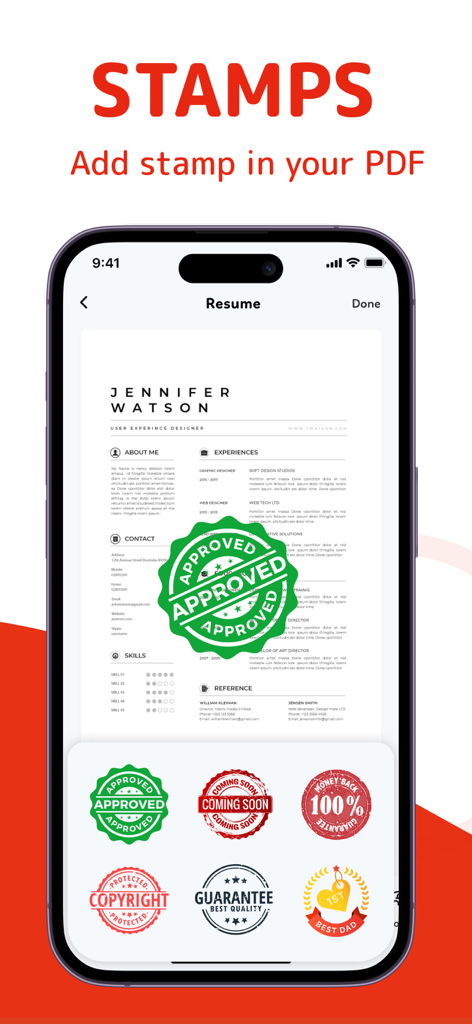 承認済みまたは著作権などのデジタルスタンプをPDFドキュメントに追加する方法を示すスマートフォンの画面。