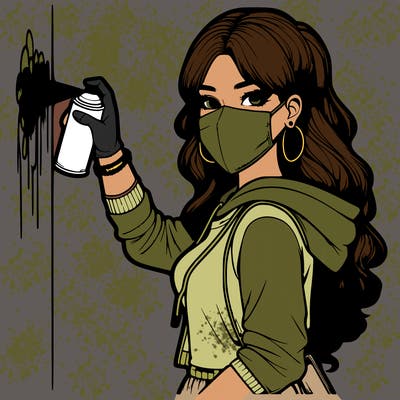 realistic girl with mask spray painting a wall