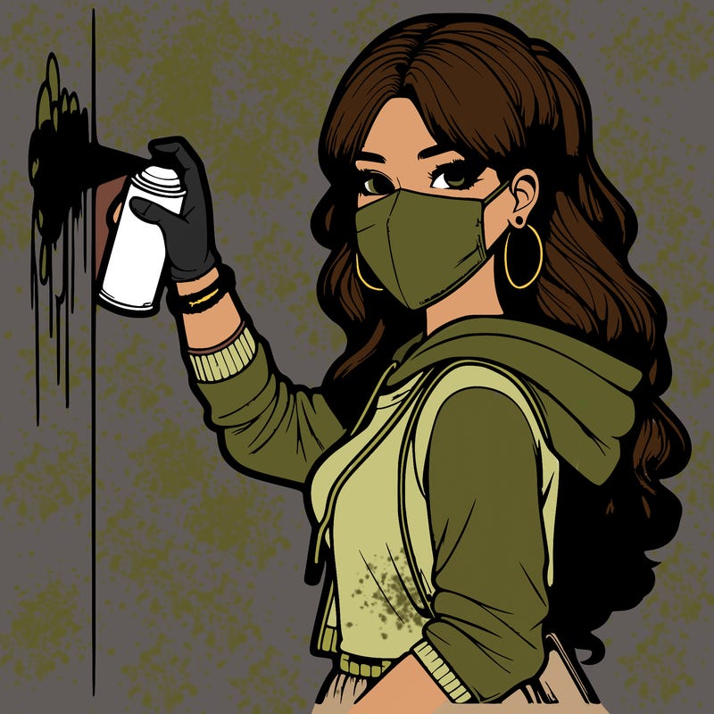 realistic girl with mask spray painting a wall