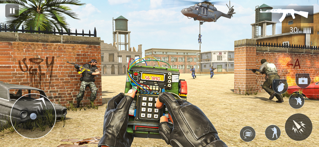 Commando Strike: Shooting Game - First person view of a commando holding a bomb device in a desert combat mission with a helicopter above