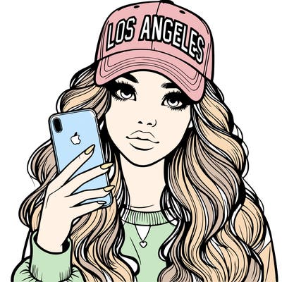 realistic beautiful girl wearing los ángeles cap holding an iphone