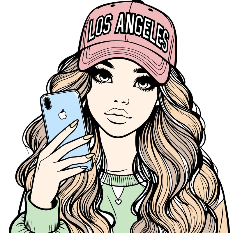 realistic beautiful girl wearing los ángeles cap holding an iphone