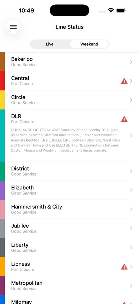 The line status screen of the London Tube Live app showing real-time service updates and closures for various underground lines.