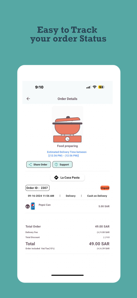 Yiji يجي - Yiji app order details screen showing status tracking and delivery time estimate