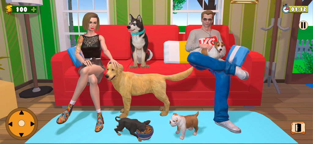 Pet Dog Simulator - Pet Vet - Gameplay scene from Pet Dog Simulator showing a man and woman on a red couch surrounded by various dog breeds in a virtual living room