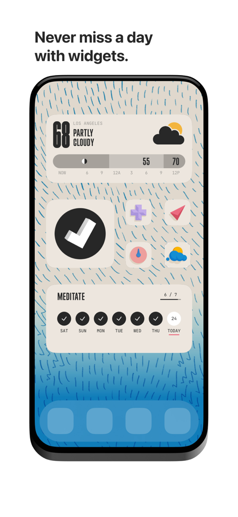 (Not Boring) Habits - iPhone home screen showing stylized habit tracking widgets for meditation and daily progress