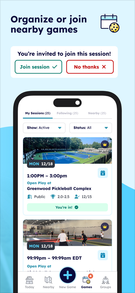 Interfaccia dell'app Pickleheads che mostra un elenco di sessioni di pickleball programmate e un invito a partecipare a una sessione.