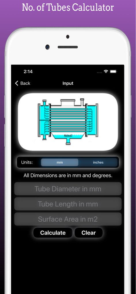 Screenshot dell'interfaccia del calcolatore del numero di tubi nell'app Heat Exchanger Area Pro che mostra campi di input e un diagramma industriale