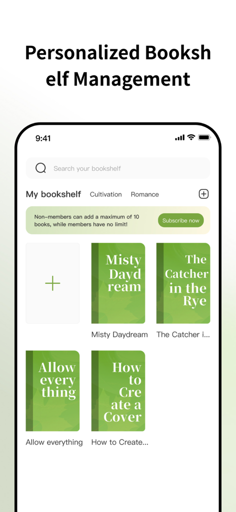 Natural Reader - Personalized bookshelf interface in the Natural Reader app showing digital books and novel categories