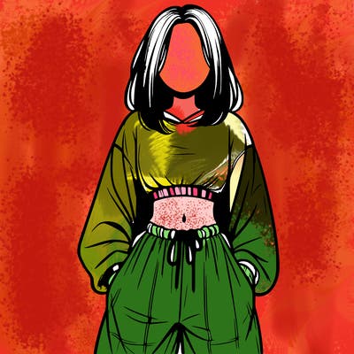 realistic girl faceless with baggy pants and a crop top