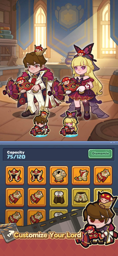 Penguin GO! - Collab - Character customization screen in Penguin GO showing two lords and a grid of equipment items