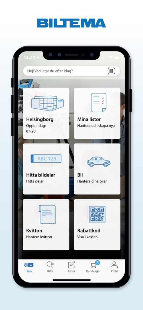 Biltema - Pantalla de inicio de la aplicación móvil de Biltema que muestra botones de acceso rápido para la búsqueda de piezas de automóvil, listas de compras de proyectos y recibos digitales.